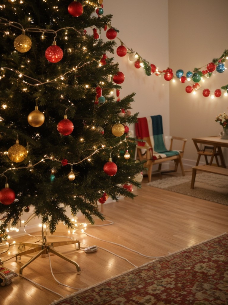 Channel a retro vibe with colorful vintage-inspired decorations, string lights, and a kitschy tinsel tree.