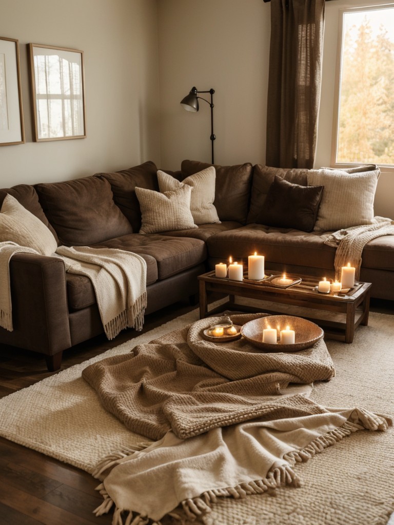 Create a cozy and inviting ambiance with scented candles, plush throw blankets, and warm, earthy tones.