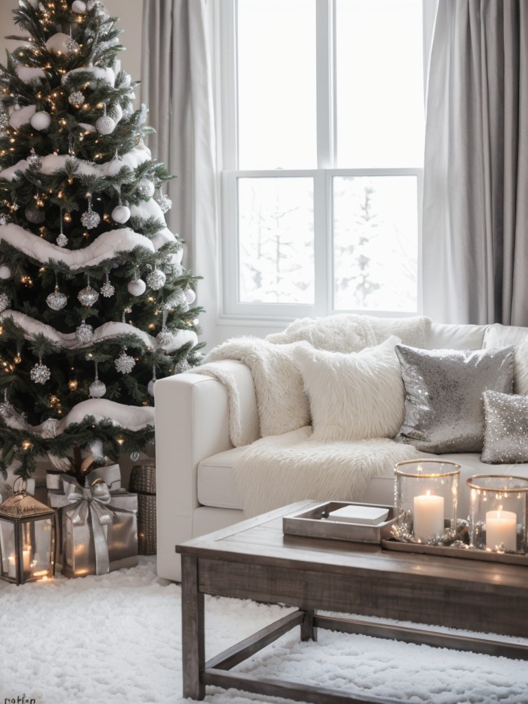 Create a cozy winter wonderland with a mix of white and silver decorations, sparkling lights, and faux fur accents.