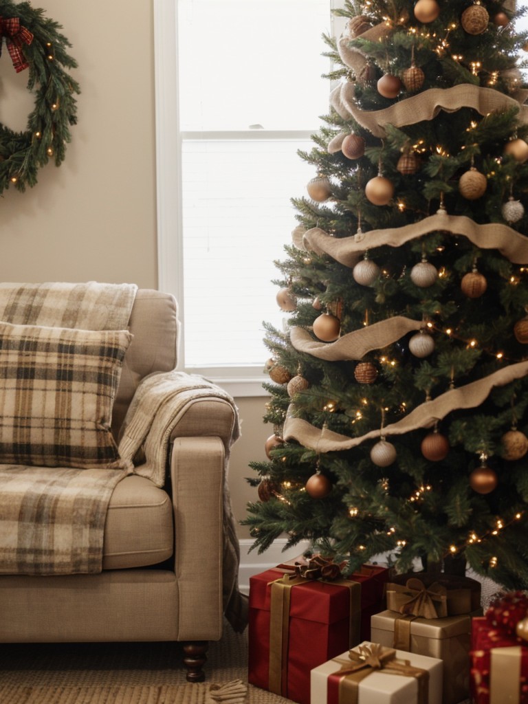 Create a rustic-inspired holiday atmosphere with burlap accents, wooden ornaments, and cozy plaid textiles.