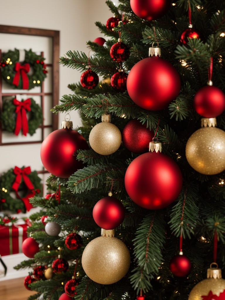 Embrace the traditional red and green color scheme with classic Christmas ornaments, wreaths, and a festive tree.