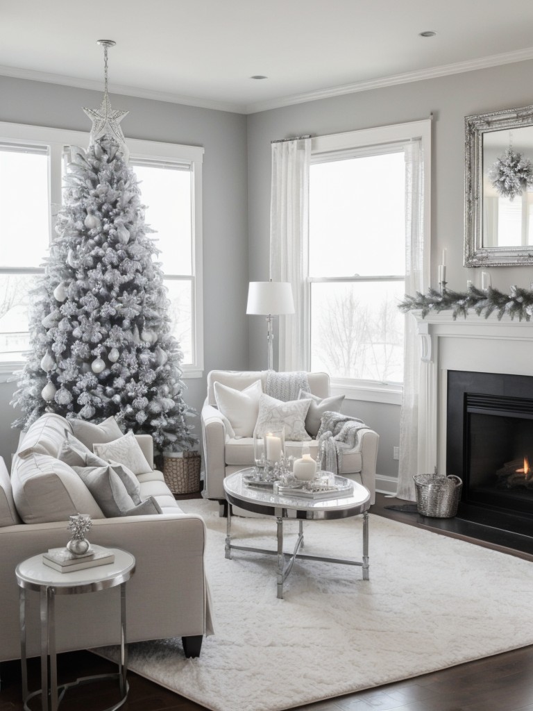 Opt for a monochromatic color scheme with silver and white decorations, creating a chic and elegant winter wonderland.