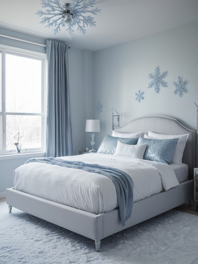 Transform your apartment into a snowy paradise with snowflake motifs, icy blue accents, and shimmering silver garlands.