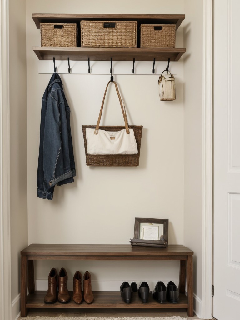 Designing a functional entryway with a compact shoe rack, wall-mounted hooks, and a small console table for keys and mail.