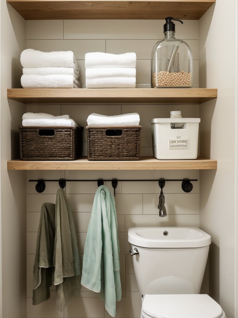 Enhancing the bathroom with clever storage solutions like wall-mounted shelves and organizers to maximize space.