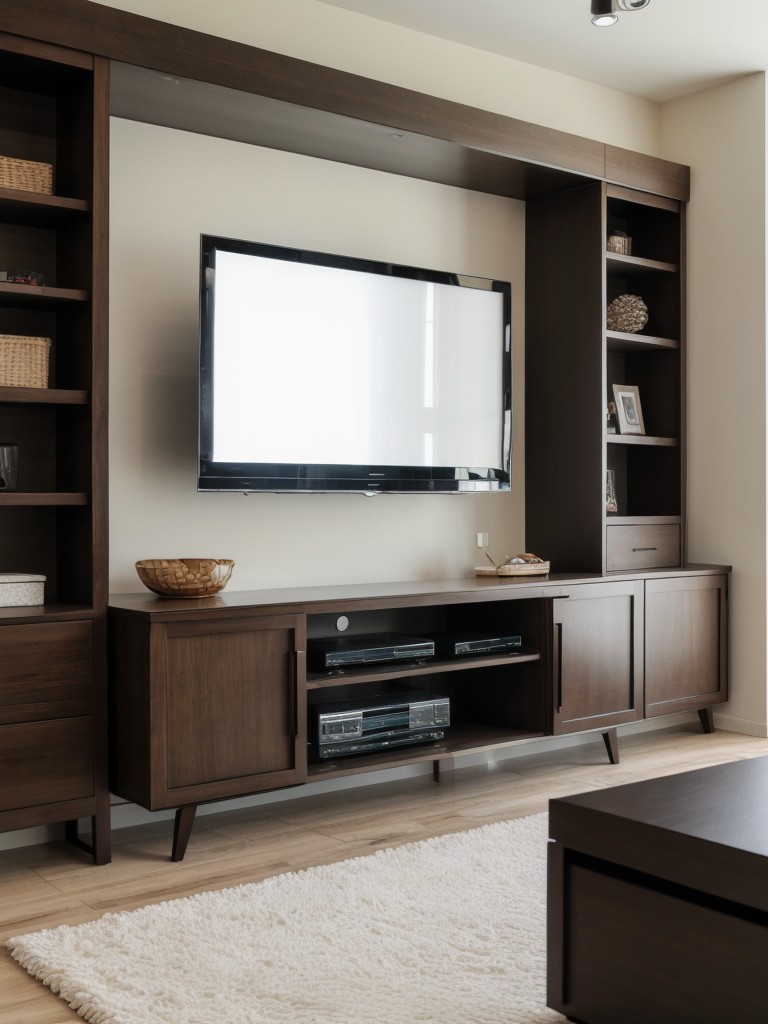 Incorporating an entertainment corner with a wall-mounted TV, floating shelves for media accessories, and a comfortable seating arrangement.