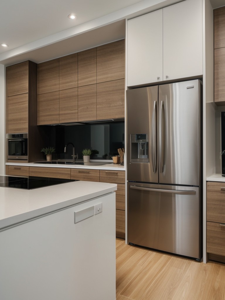 Incorporating a minimalistic kitchen design with streamlined cabinets, integrated appliances, and an efficient layout.