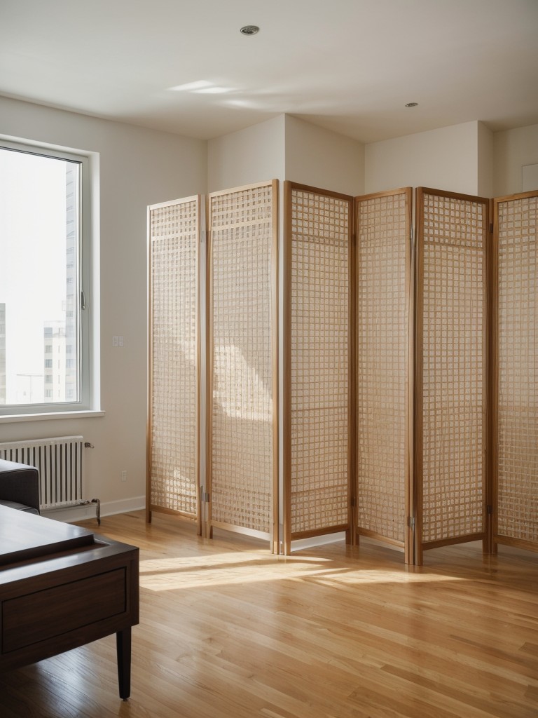 Utilizing decorative room dividers or folding screens to create separate zones within an open-concept studio apartment.