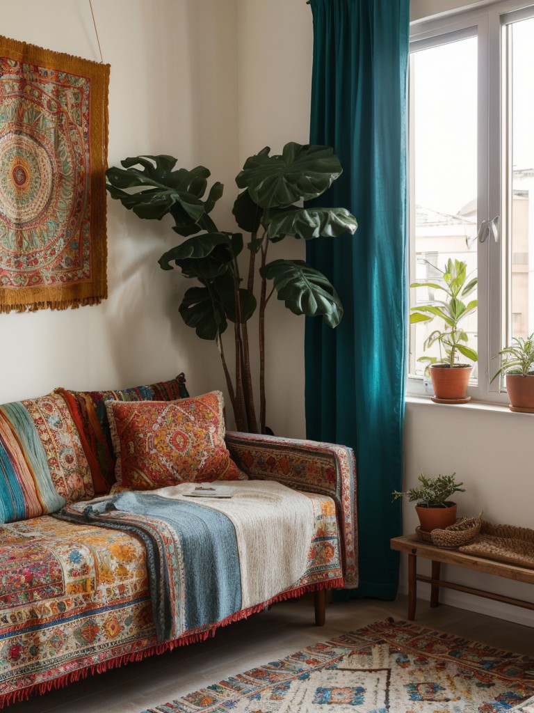 Bohemian-inspired apartment design with eclectic decor, vibrant textiles, and global-inspired pieces.