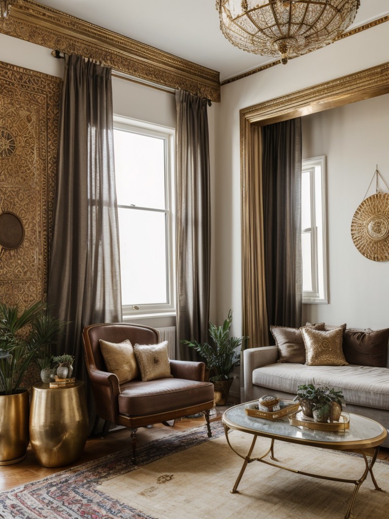 Boho glam apartment design with luxurious textures, metallic accents, and bohemian-inspired decor.