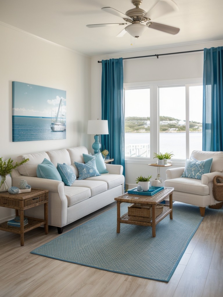 Coastal-themed apartment design with light colors, nautical decor, and beach-inspired textiles.