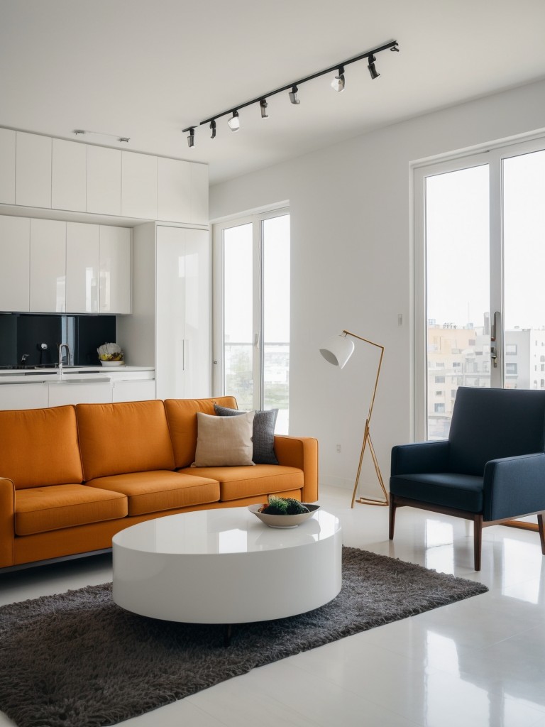 Contemporary apartment design with sleek furniture, minimalist decor, and bold pops of color.