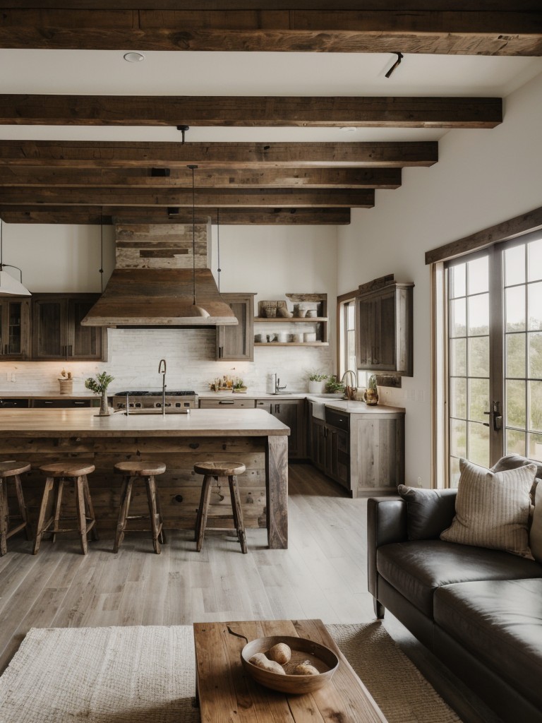 Contemporary farmhouse apartment design with modern furniture, rustic wood accents, and farmhouse-inspired decor.