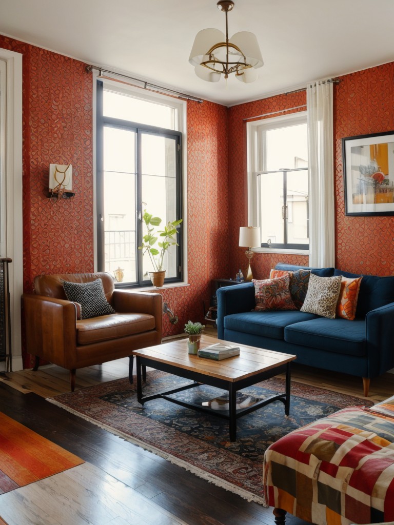 Eclectic apartment design with a mix of different furniture styles, bold patterns, and quirky details.