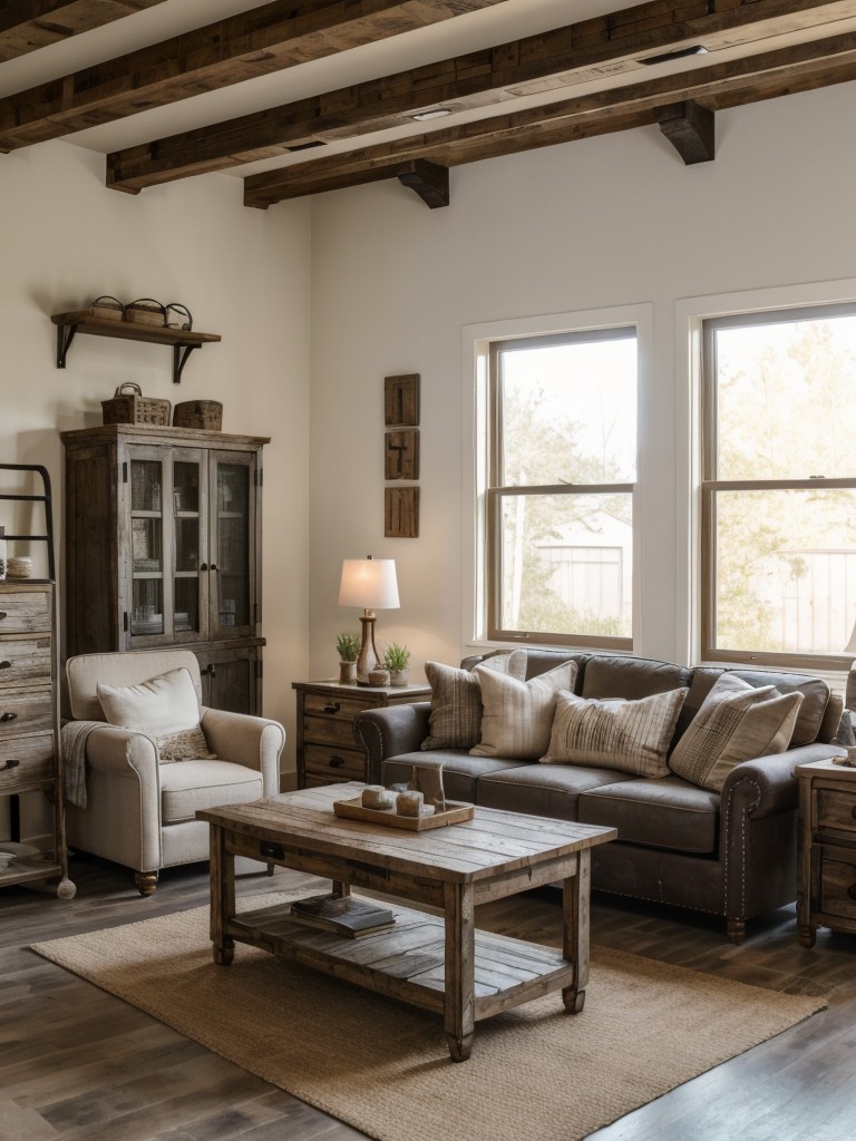 Farmhouse-inspired apartment design with rustic furniture, distressed finishes, and vintage accents.