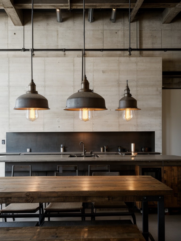 Industrial chic apartment design with exposed concrete walls, reclaimed wood furniture, and vintage lighting fixtures.