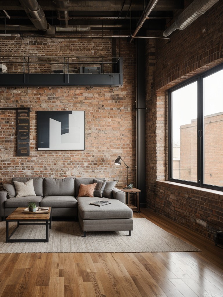 Industrial loft apartment design with exposed brick walls, metal accents, and rustic furniture.