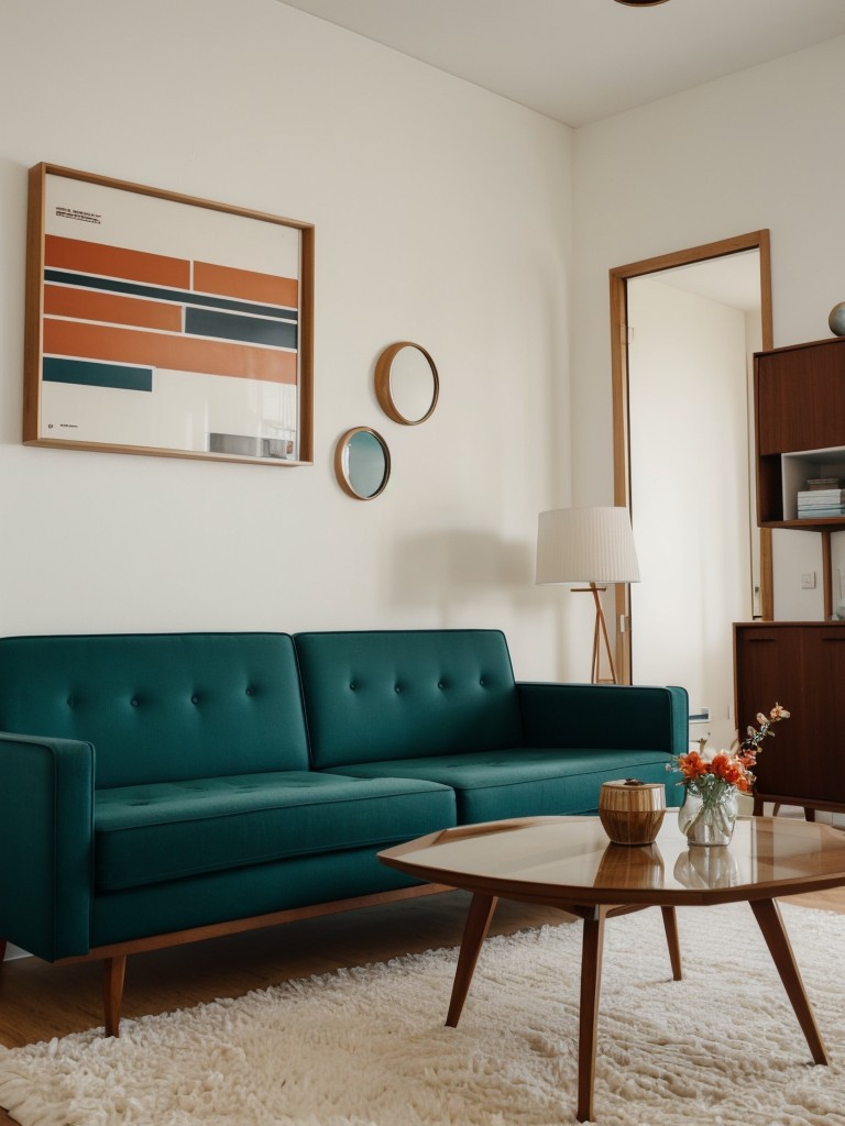 Mid-century modern apartment design with iconic furniture pieces, geometric patterns, and retro-inspired accents.