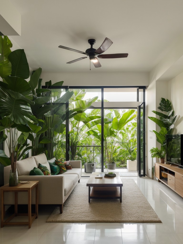 Modern tropical apartment design with lush greenery, natural materials, and tropical patterns.