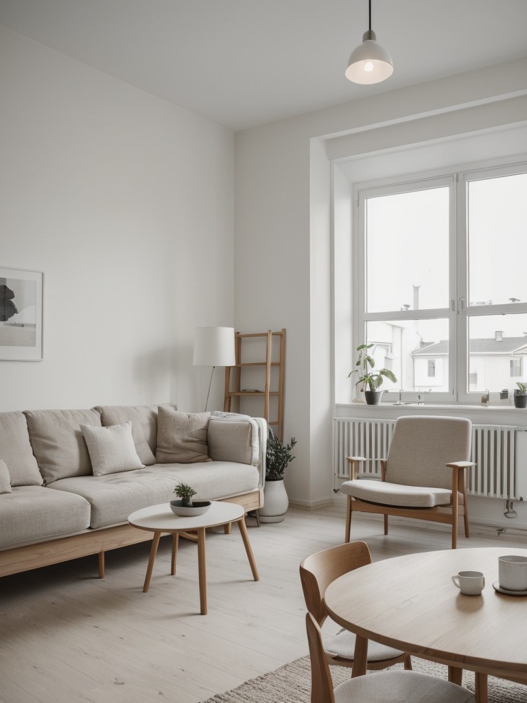 Scandinavian-inspired apartment design with minimalistic furniture, neutral tones, and natural lighting.