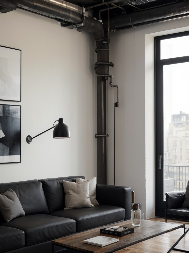 Urban chic apartment design with sleek furniture, industrial accents, and edgy artwork.