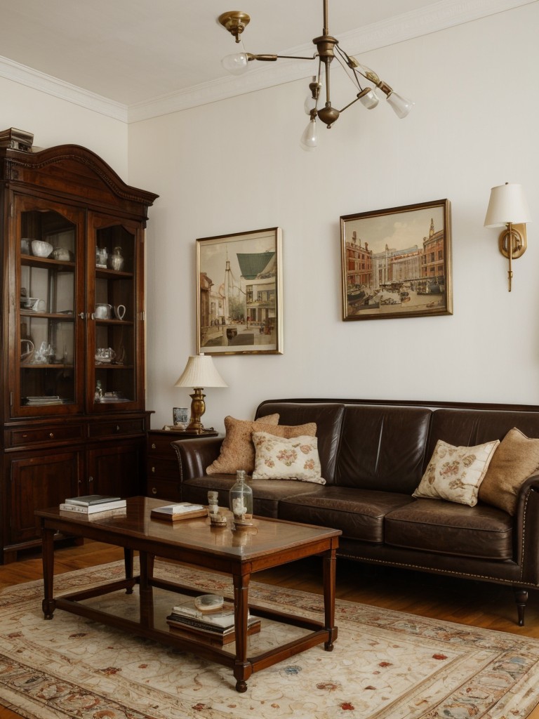 Vintage-inspired apartment design with antique furniture, vintage artwork, and retro-inspired decor.