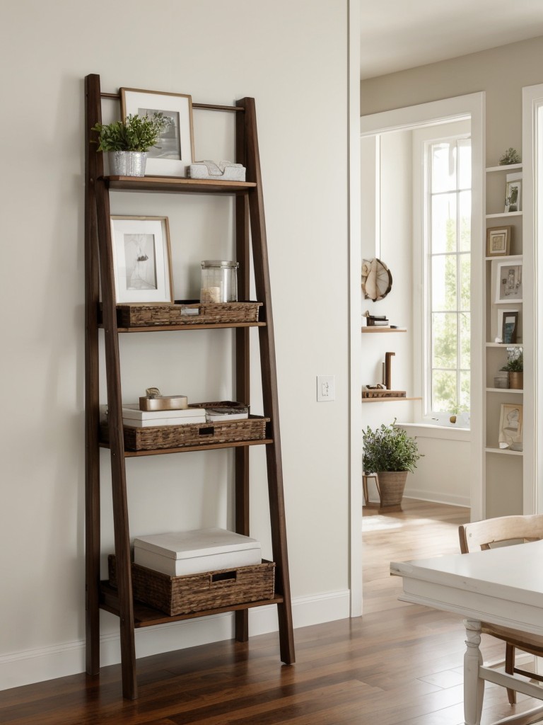 Choose multi-purpose decor items, like a wall-mounted shelf that doubles as a workspace or a decorative ladder that can be used for hanging and storing items.