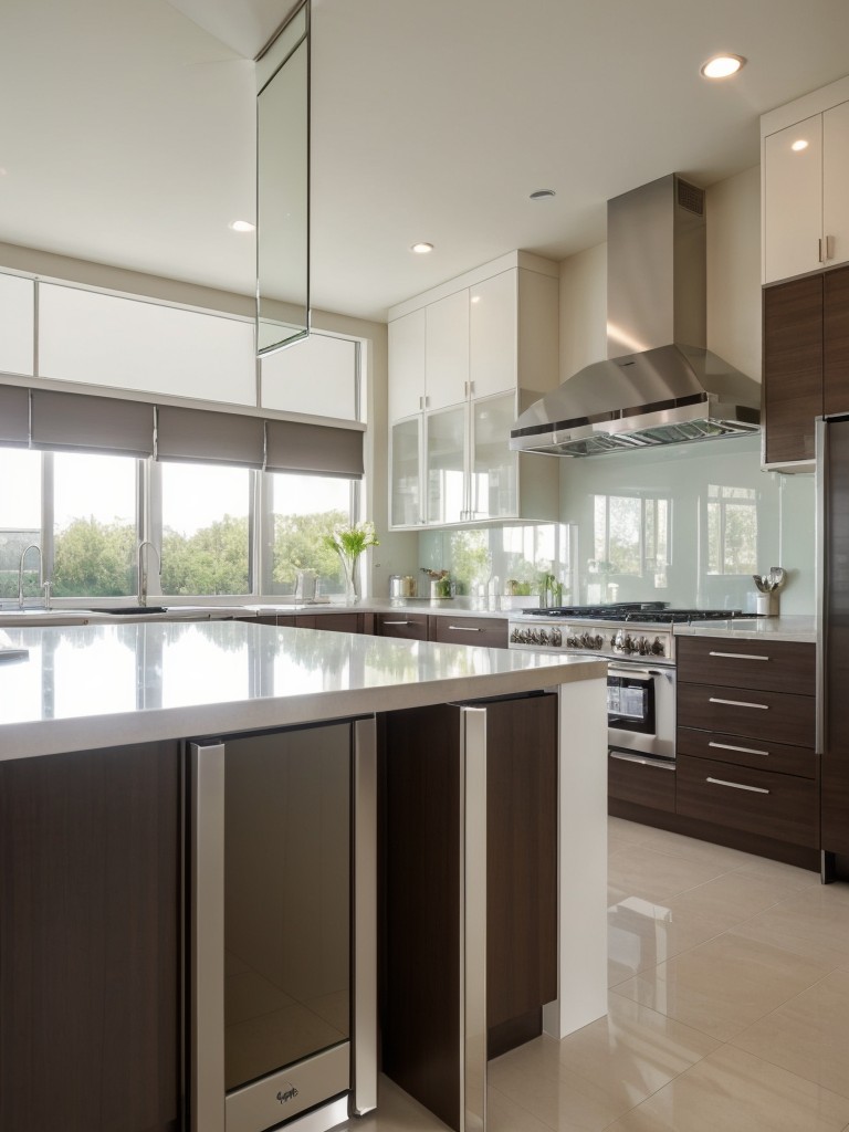 Incorporate glass or mirrored backsplashes in the kitchen area to add depth and reflect light, making the space appear larger.