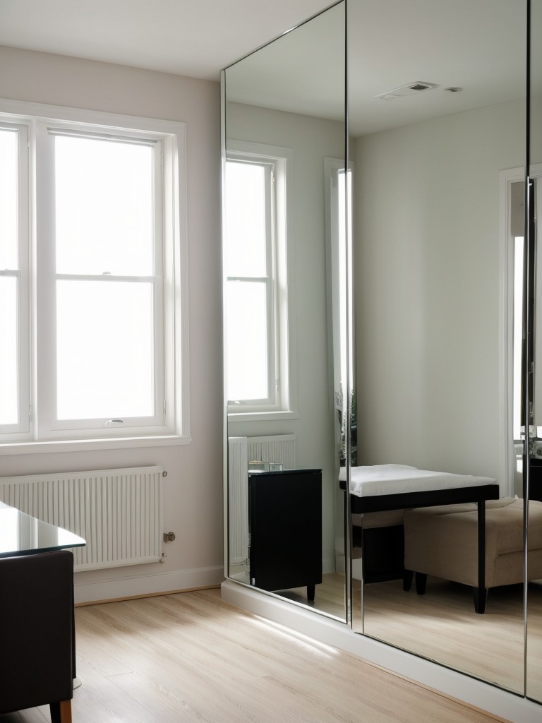 Incorporating large mirrors or mirrored panels on one wall to visually expand the apartment.