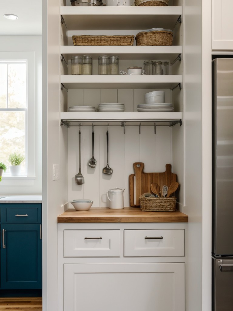 Utilizing built-in storage solutions like overhead cabinets and floating shelves in the kitchen to optimize space.