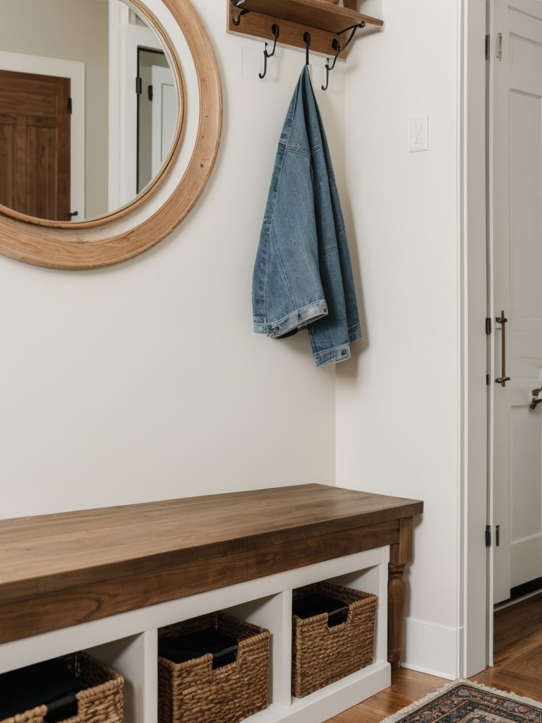 How to create a stylish and organized entryway on a budget, using hooks, shelves, and a small bench.