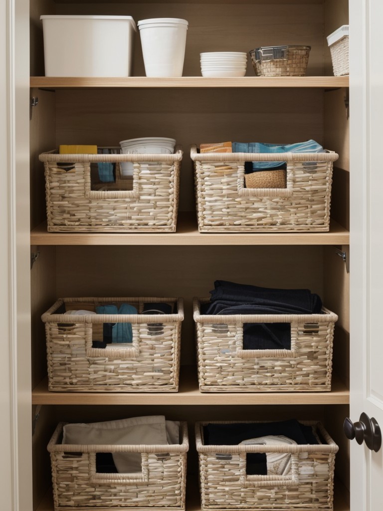 Utilizing inexpensive yet stylish organizational tools, like baskets and clear storage bins.