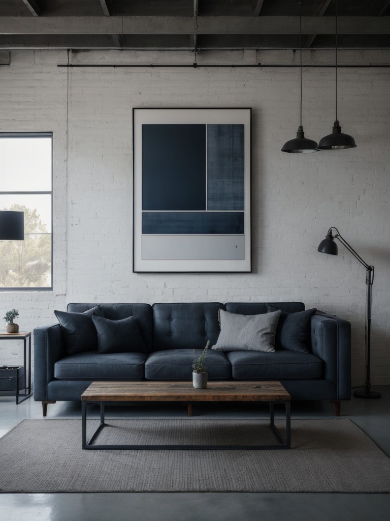 Adding masculine touches through industrial-inspired decor, minimalist artwork, and a color palette of deep blues, grays, and blacks.