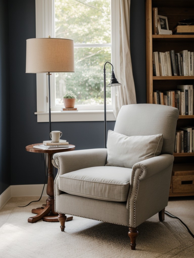 Creating a cozy reading nook with a comfortable armchair, a small side table for books and a stylish floor lamp.