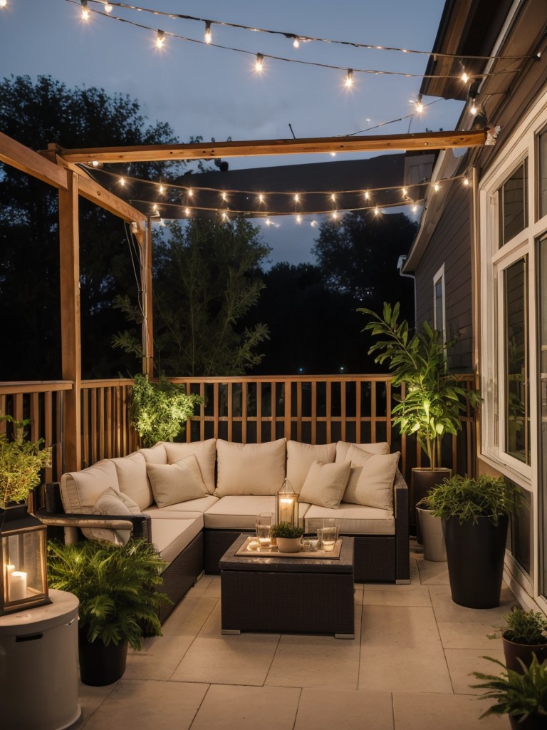 Creating an outdoor oasis on the balcony with comfortable seating, potted plants, and string lights for a relaxing retreat.