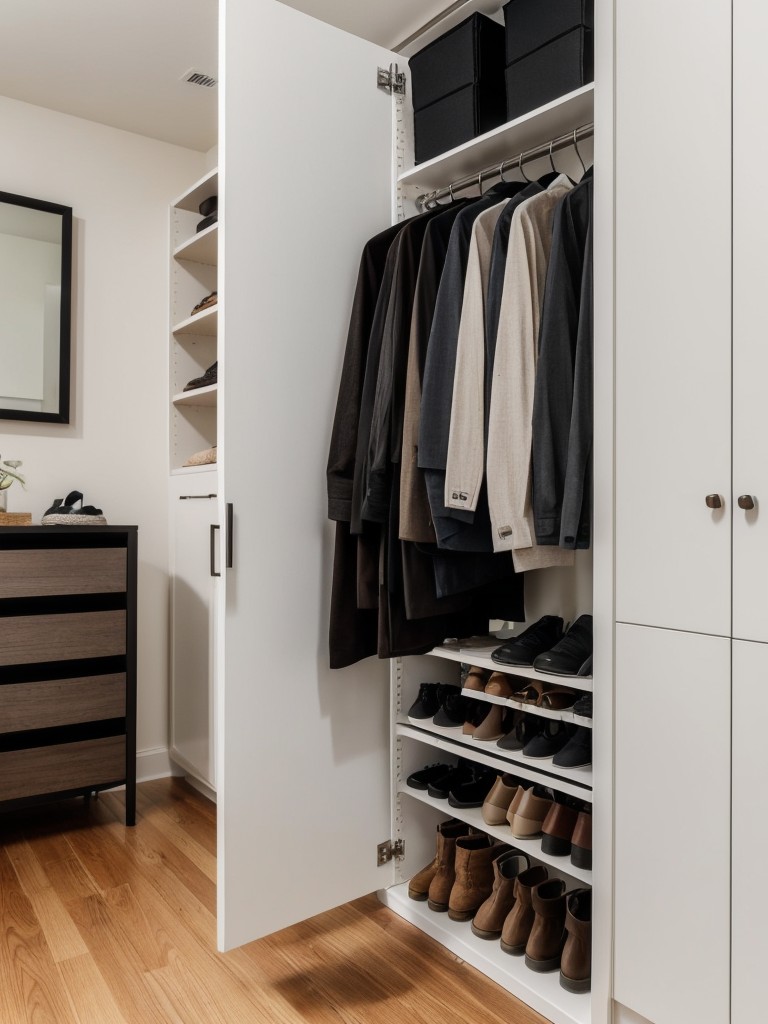 Creating a stylish wardrobe area with a compact clothing rack, shoe storage, and space for accessories.