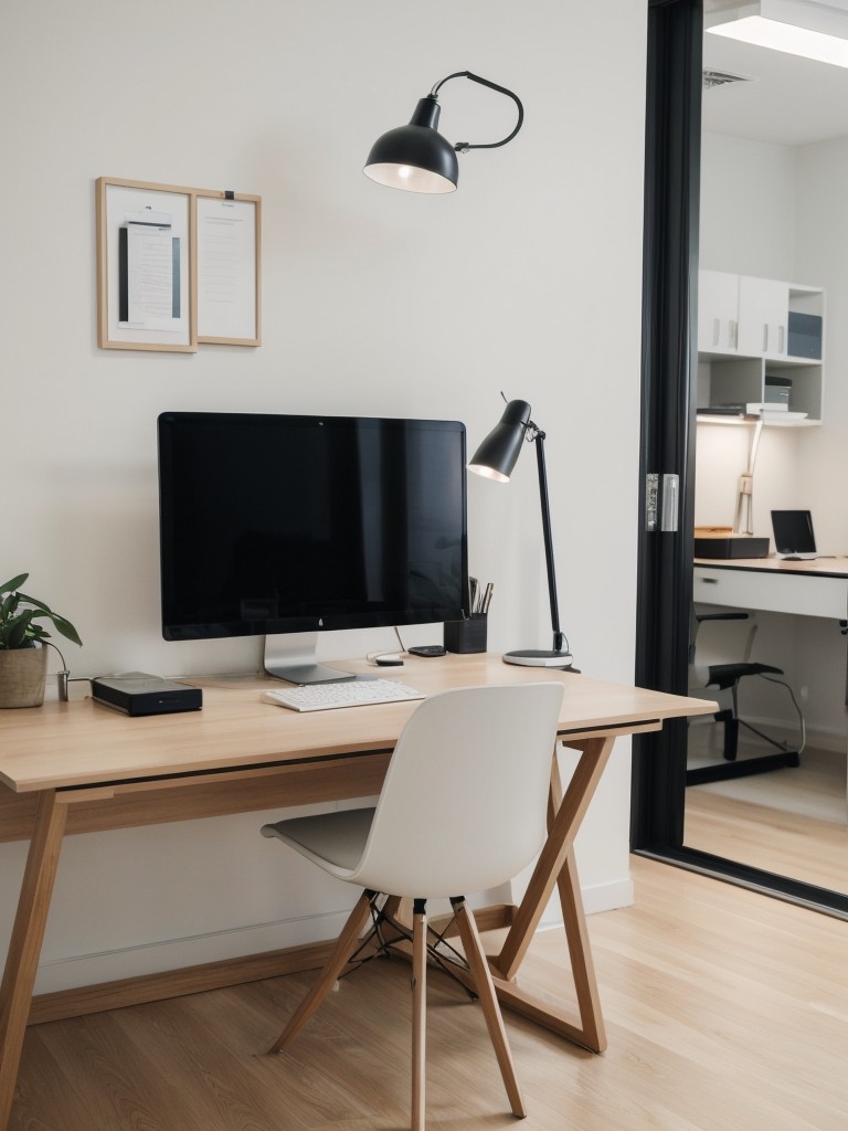 Incorporating a sleek home office area with a minimalist desk, ergonomic chair, and proper lighting for productivity.