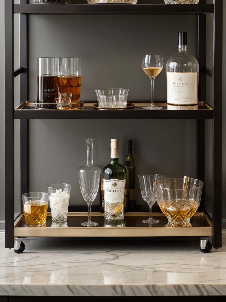 Integrating a mini bar area with a compact bar cart, stylish glassware, and a selection of your favorite spirits for entertaining guests.