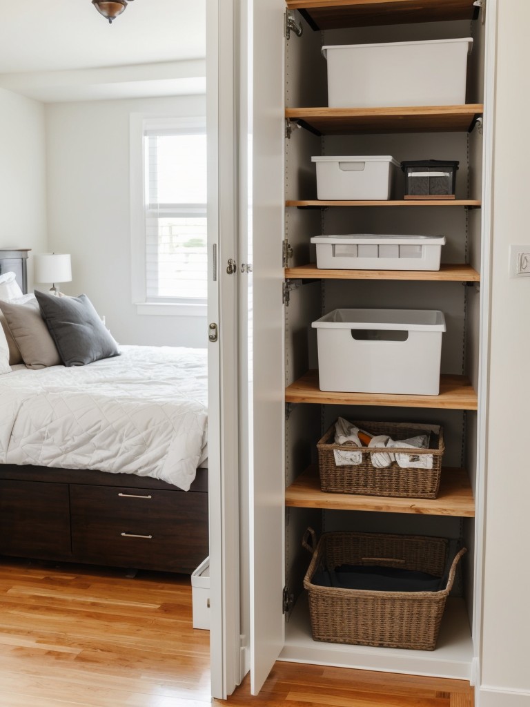 Using clever storage solutions like under bed storage boxes, floating shelves, and wall-mounted hooks for organization.