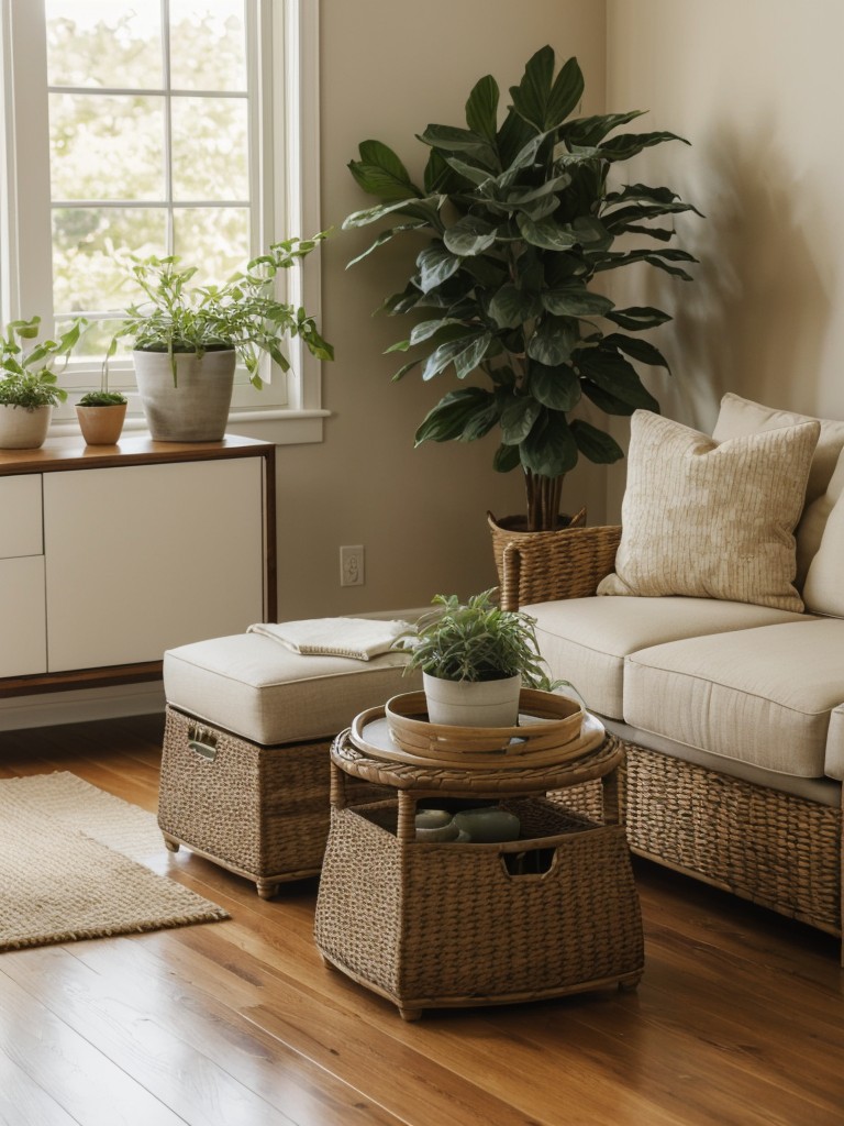 Achieve a calming and relaxed atmosphere in your neutral living room by incorporating natural elements like potted plants, wooden furniture, and woven baskets for storage.