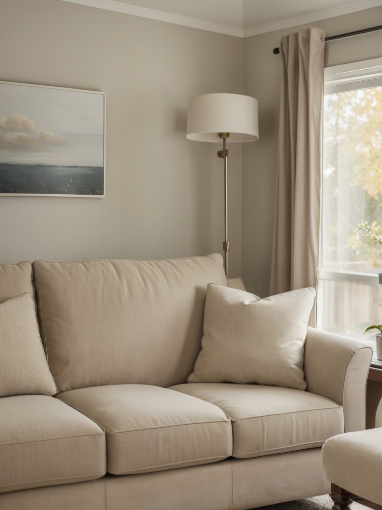 Create a calming and inviting atmosphere in your neutral living room by incorporating soft and plush furniture pieces, such as a comfortable sofa and oversized armchairs.