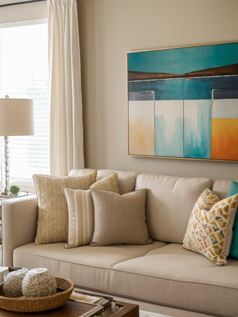 Create a cohesive look in your neutral living room by incorporating pops of color through artwork, statement furniture pieces, or vibrant accent pillows.