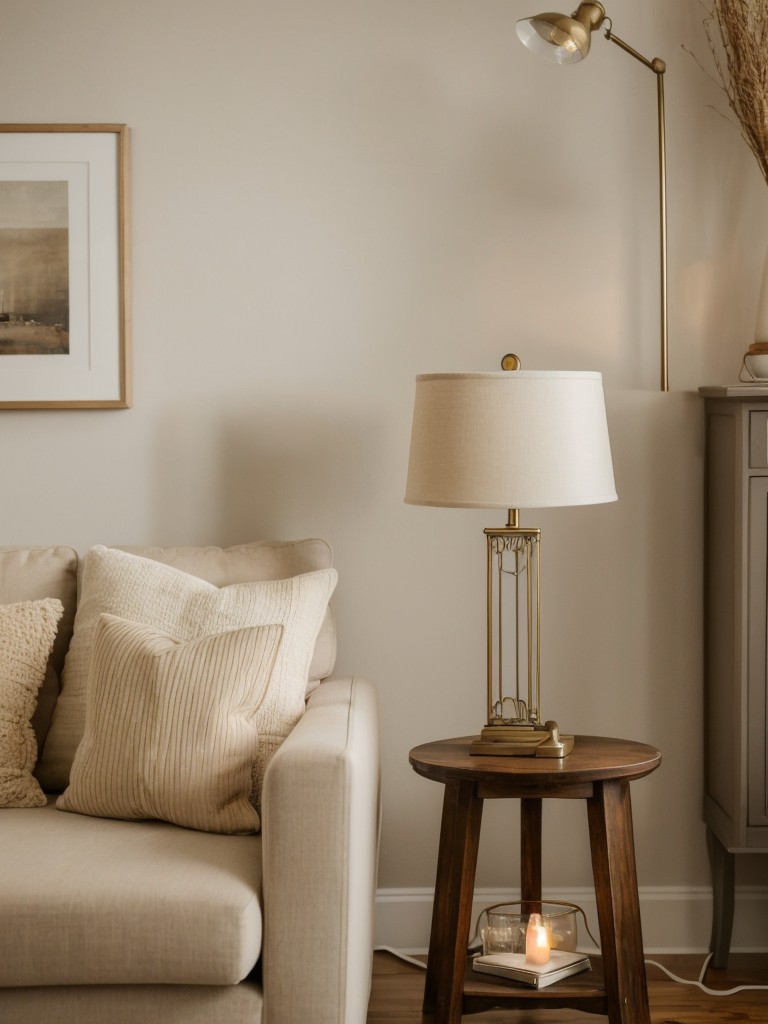 Create a cozy and inviting atmosphere in your neutral living room by using layers of soft lighting, such as floor lamps, table lamps, and string lights.