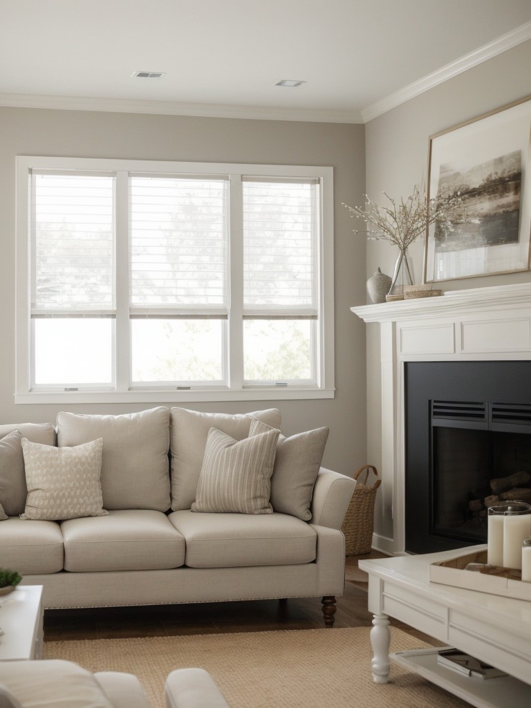 Create a serene and timeless living room with a neutral color palette, incorporating shades of white, beige, and gray.
