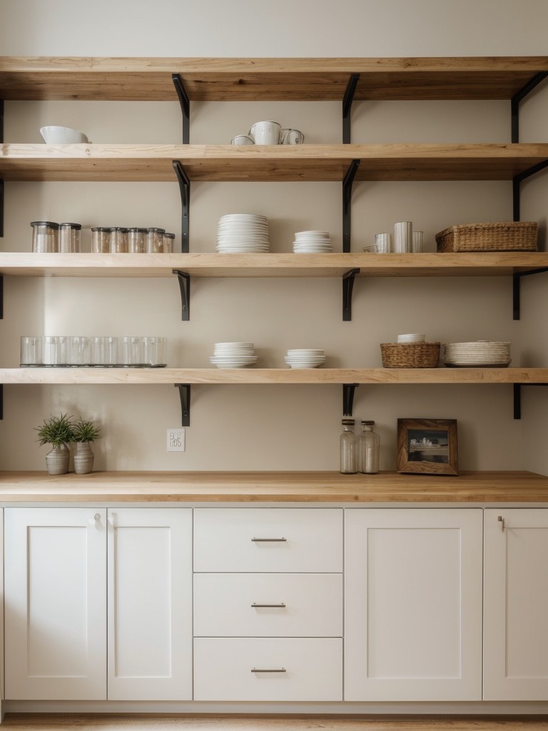 Enhance the visual flow and openness of your neutral living room by opting for open shelving or floating shelves instead of traditional closed cabinets.