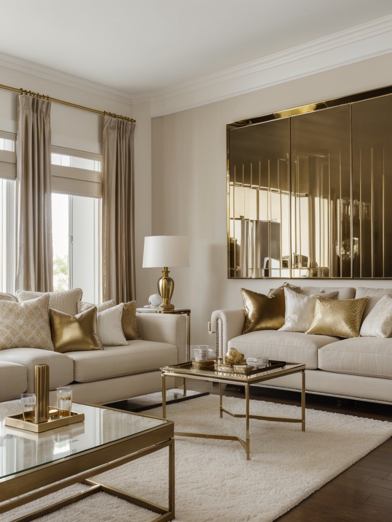 Give your neutral living room a touch of elegance with metallic accents such as brass or gold-finished lamps, picture frames, and coffee table accessories.