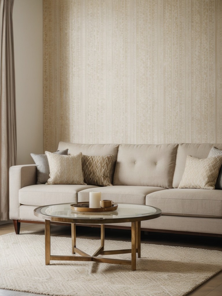 Incorporate patterns and textures into your neutral living room through patterned wallpaper, textured cushions, or a geometric area rug for added visual interest.