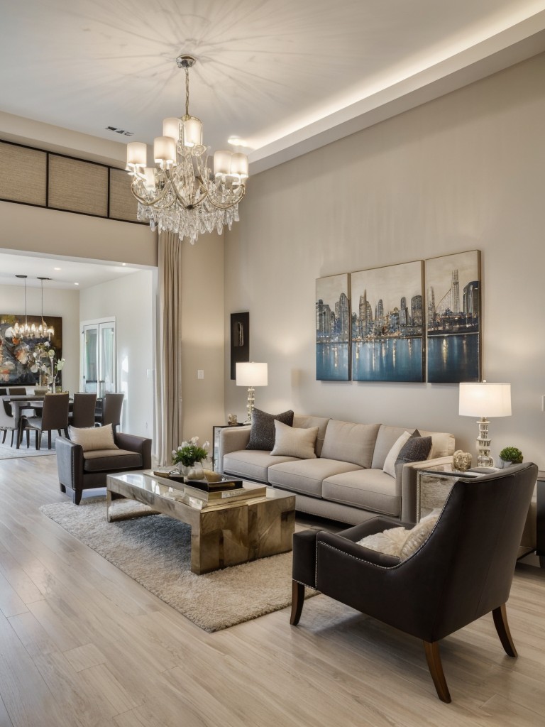 Incorporate statement pieces into your neutral living room, such as an eye-catching chandelier, a large-scale piece of artwork, or a unique sculpture.