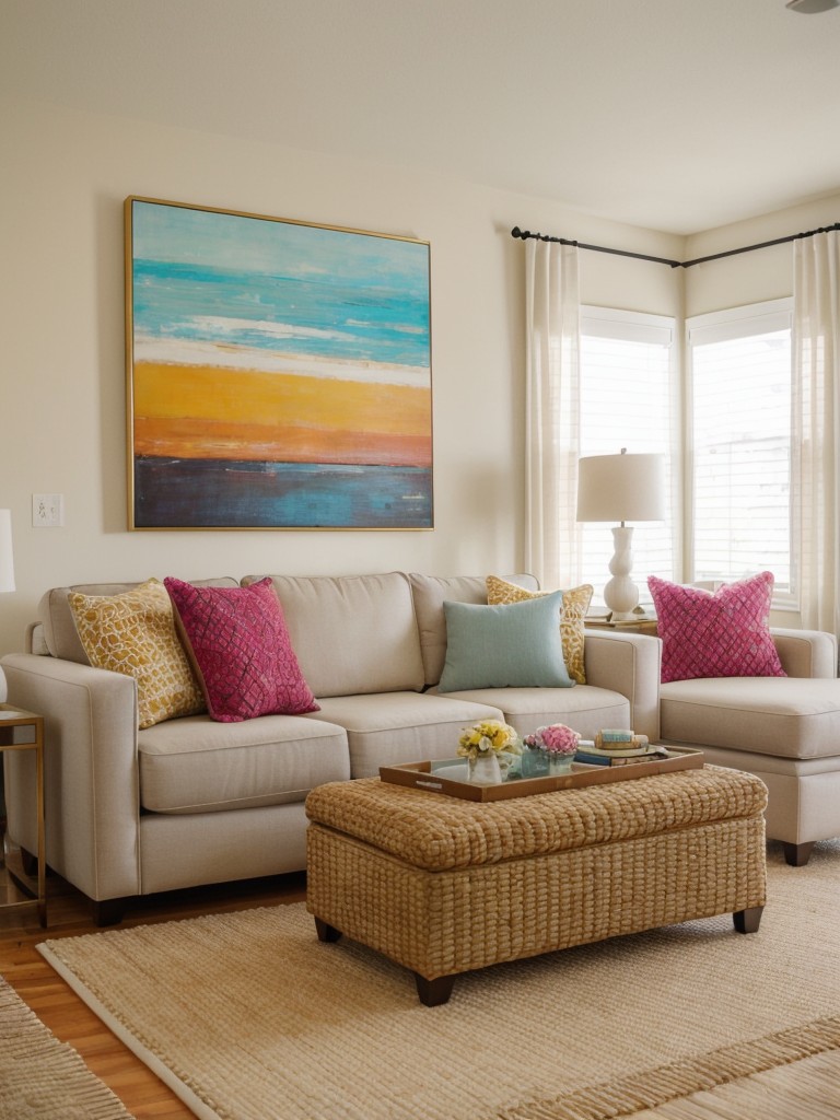 Introduce pops of color in your neutral living room through accessories like vibrant throw pillows, a bold area rug, or a colorful piece of artwork.