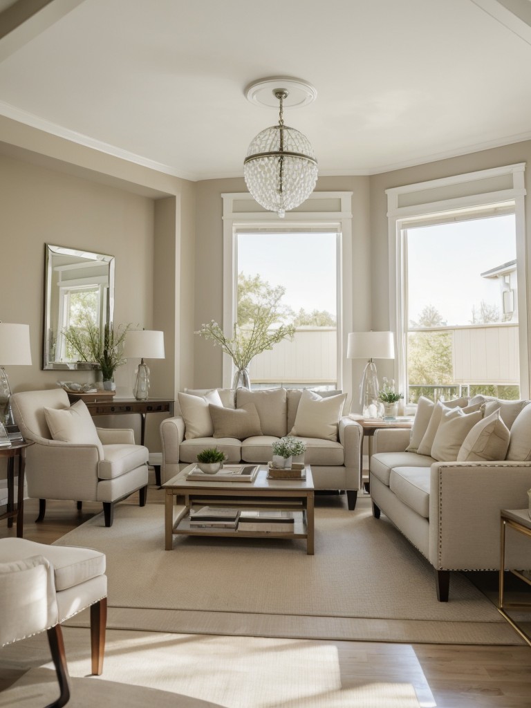 Make your neutral living room feel more spacious by using a combination of light-colored furniture, mirrors, and strategic lighting to maximize natural and artificial light.